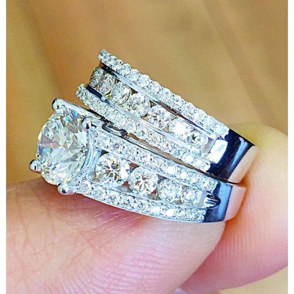 Sz9 Diamond Wedding Ring Set / Engagement STERLING SILVER #16 size 6,7,8,9,10 - Picture 4 of 8